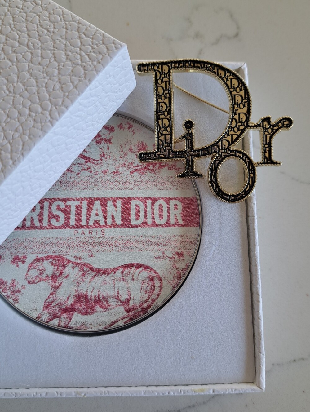 Auth.Dior Mirror/Pin Set Pink Tiger Motif
